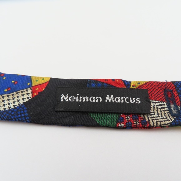 Neiman Marcus Bow Tie Blue Yellow Green Ball 2.5" Wide Self Tie Silk - Picture 3 of 3